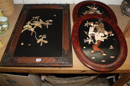 Pair 19th century Japanese lacquer oval panels & another framed panel